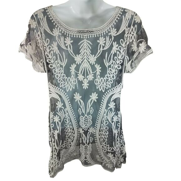 Dulcie Black Ivory Embroidered Mesh Top Sz M | Sheer Lace Boho Blouse - Picture 3 of 7